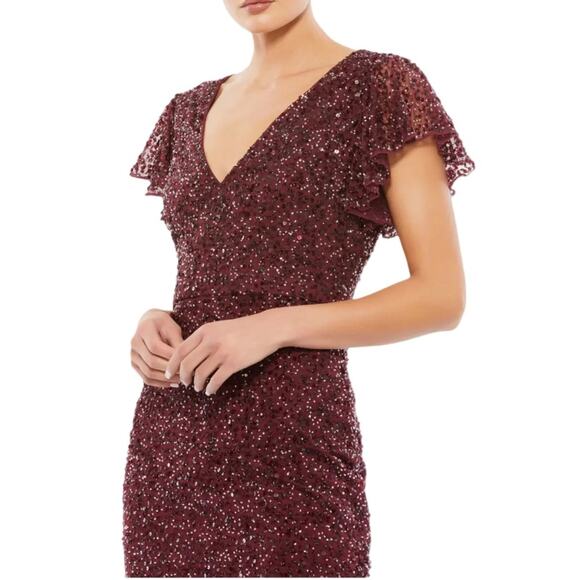 Mac Duggal Sequined V Neck Flutter Cap Sleeve Trumpet Dress A10801 Women’s Sz 2 - Picture 3 of 9